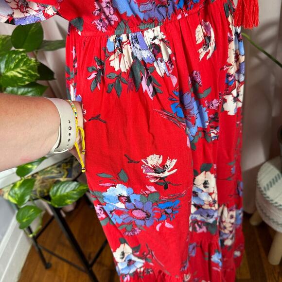 Band of Gypsies Floral Boho Maxi Dress XS Red Viscose Peasant Puff Sleeve Lace - Picture 8 of 12